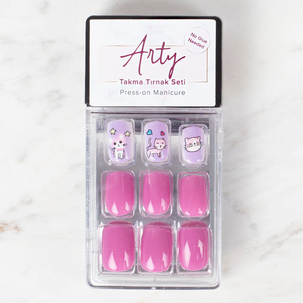 Arty Takma Tırnak Seti \ Lila Kedi Kalpli Yıldızlı Sade